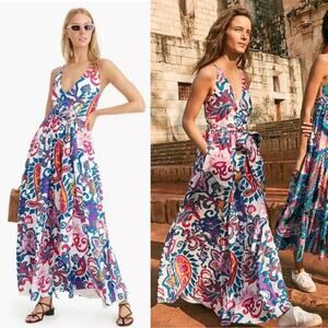 NWT NEW J.Crew Silk V-Neck Maxi Dress in Aja Ivory Painted Paisley Tie Waist